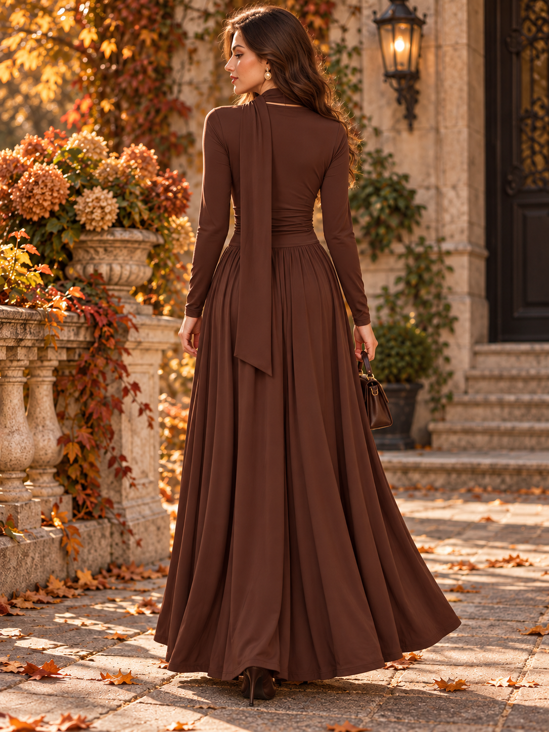 Vintage klasična elegantna ženska haljina za jesen/zimu, uska haljina s kapuljačastim izrezom i trakom, smeđa, elegantna haljina za goste na vjenčanju za žene, jesen/zima