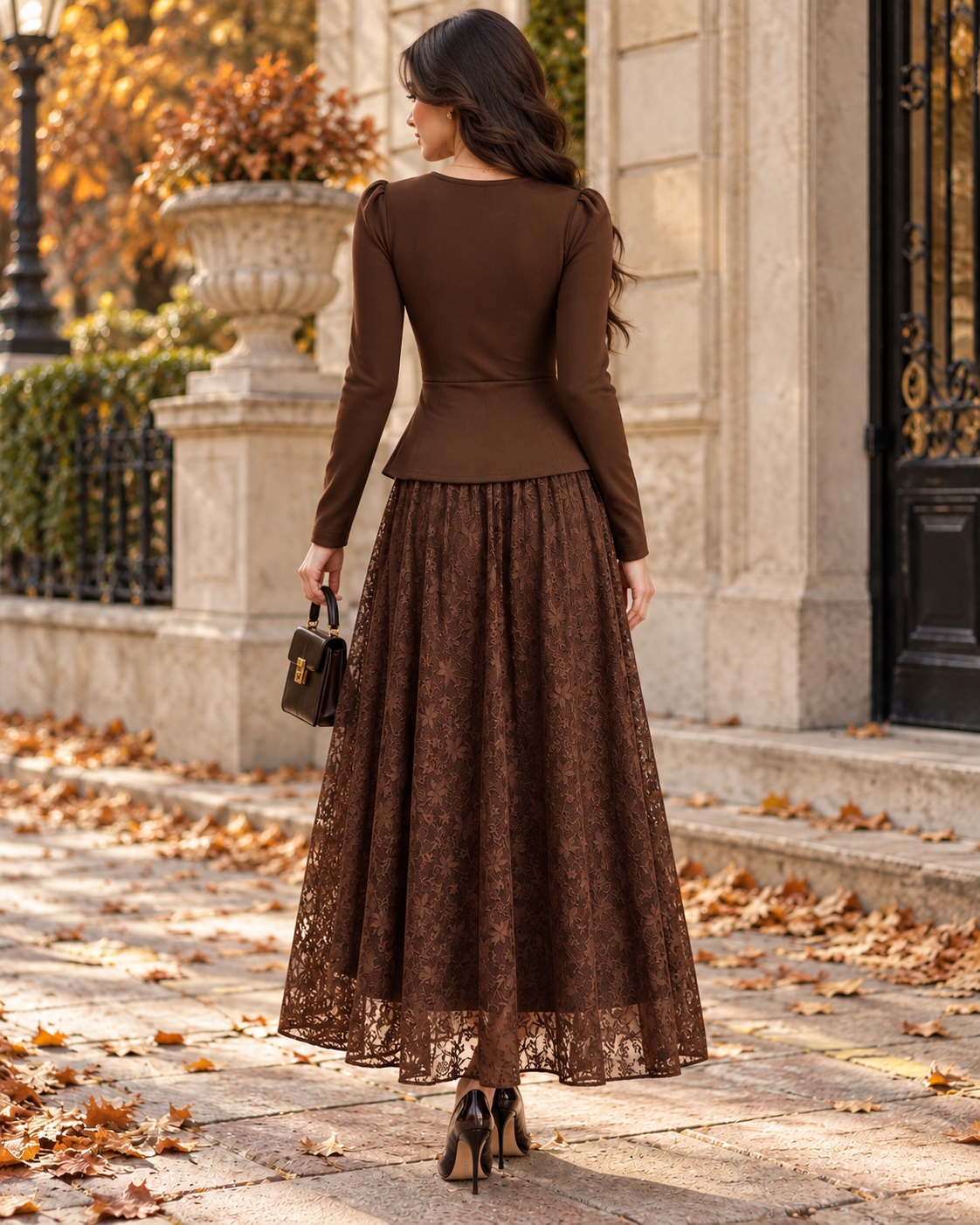 Elegantan modni ženski dvodijelni set za proljeće/jesen, nježni stil za posao, s čipkastom suženom suknjom s naglašenim strukom i širokim donjim dijelom koja prikriva nedostatke