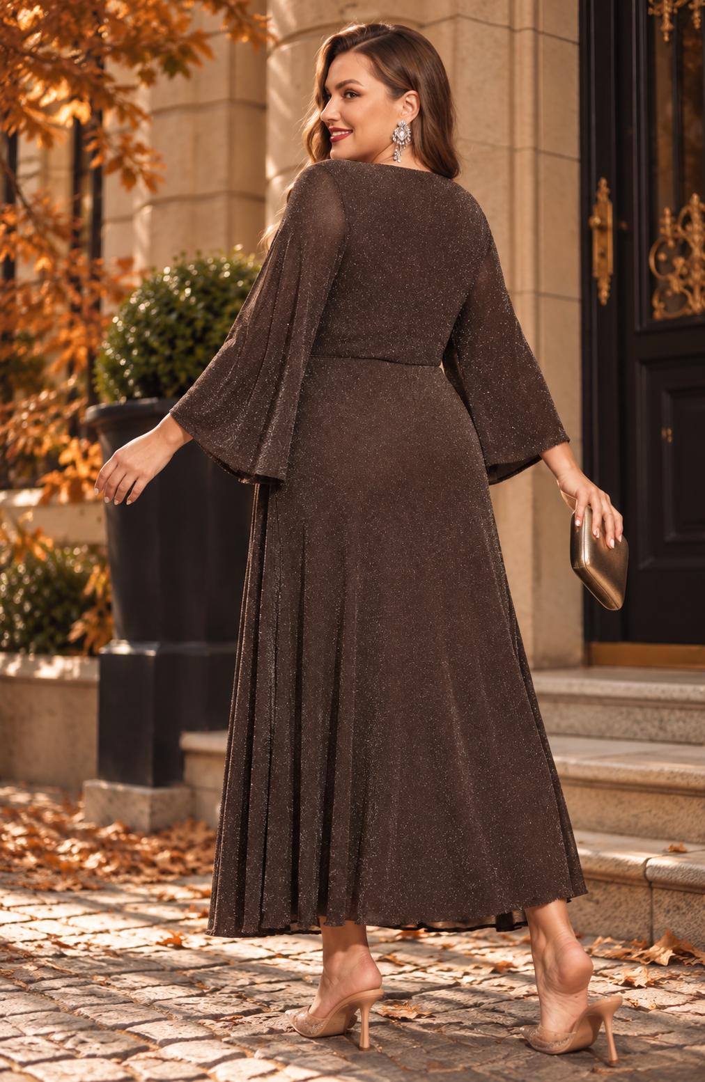 Elegantna duga haljina za žene plus size za jesen, s V-izrezom, steznutim strukom, gliter mrežastom tkaninom i čvorom na struku, prikladna za elegantne zabave, povratak u školu, svakodnevna okupljanja, vjenčanja, spojeve, izlaske i druge prilike,