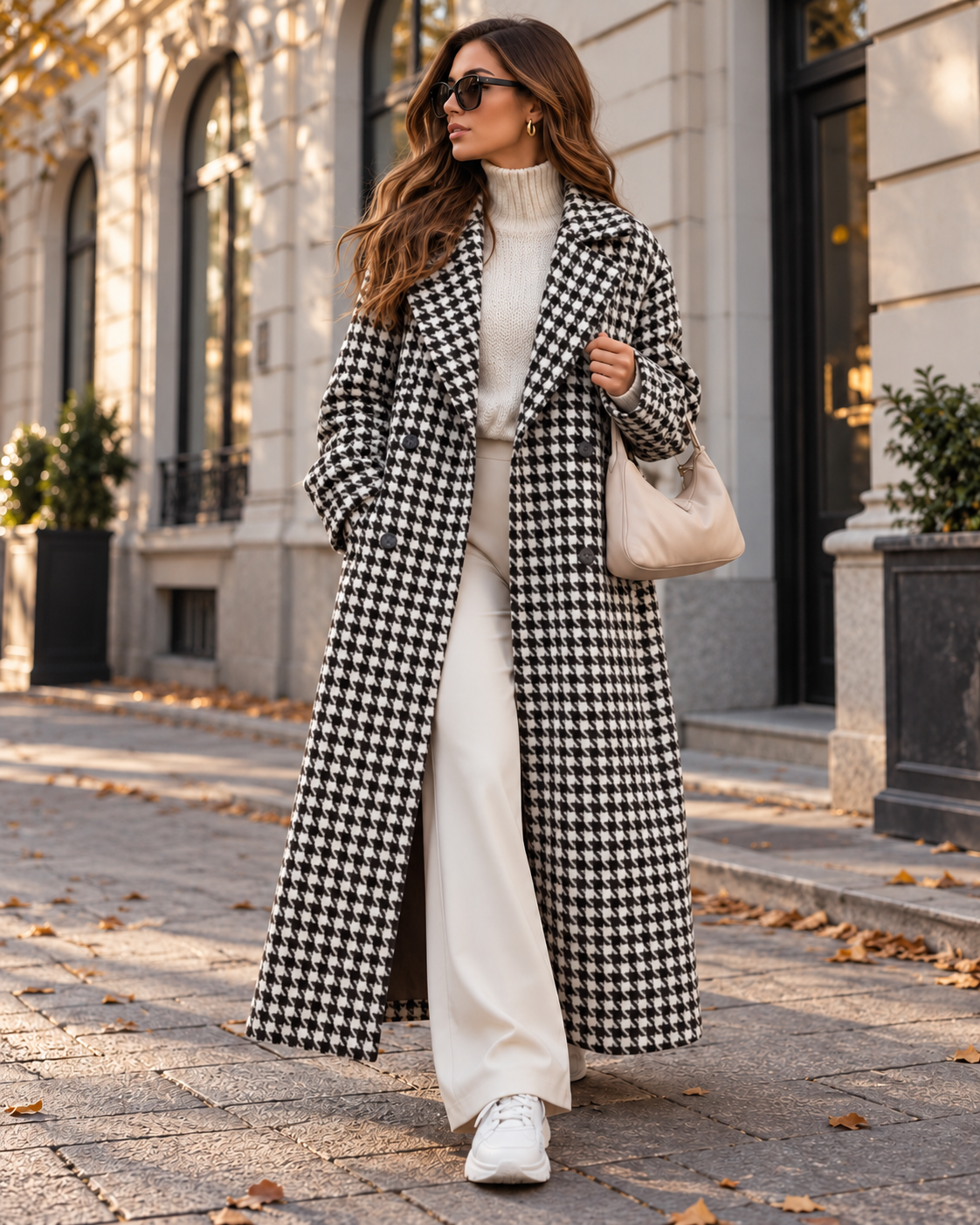 Vintage ležerni modni vjetrovik kaput, elegantna silueta, stezena struk, vizualno stajanje, visoka kvaliteta, uzorak houndstooth, duga jakna za jesen