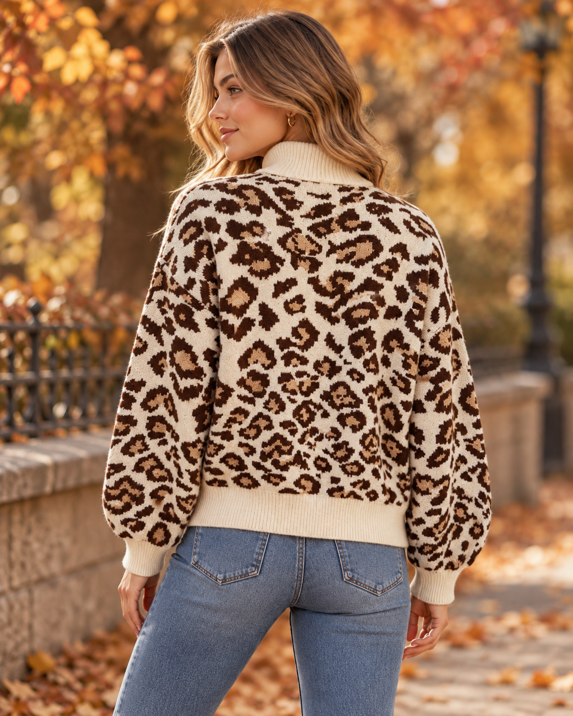 Ženski pulover s leopard uzorkom i visokim ovratnikom, vintage široki pleteni gornji dio, Y2K ležerni stil s dugim rukavima, vikend streetwear modni outfit za jesen/zimu