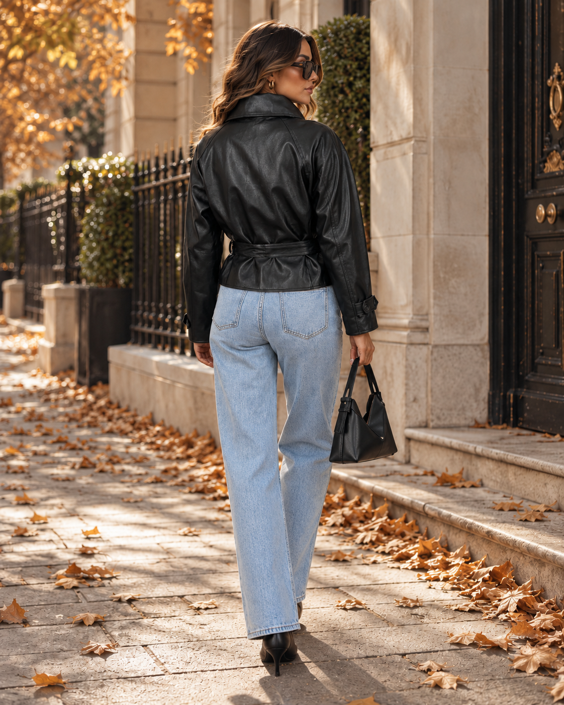 Ženska ležerna streetwear jakna od PU kože jednobojne crne boje, dvoredna, dugih rukava, za Noć vještica, izlaske i večernje izlaske, jesen/zima