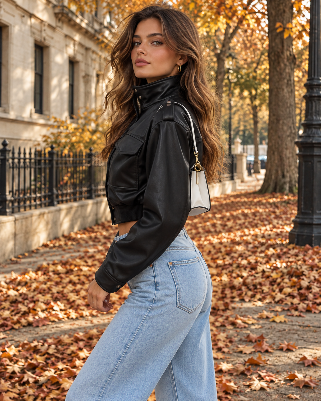 Ženska crna kožna aviator jakna u street fashion stilu, kratka elastična jakna dugih rukava s džepovima, za jesen, zimu i proljeće, za blagdane i slobodno vrijeme