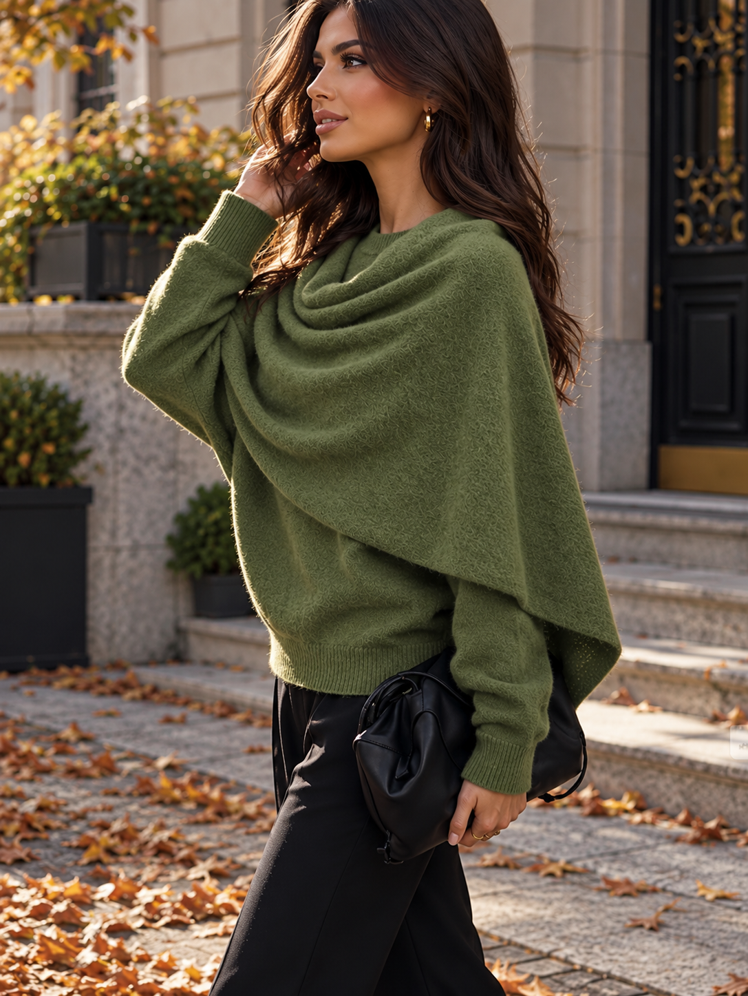 Ženski božićni oversized pleteni pončo top s kravatastim rukavima, francuski minimalistički stil, široki pulover, maslinasto zelena, jesenja i zimska odjeća za brunch
