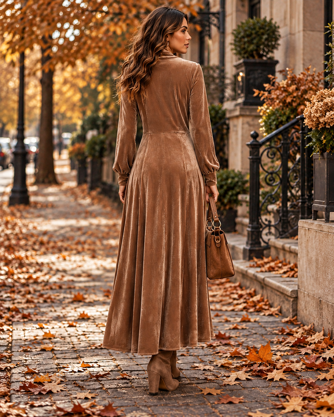 Elegantna ženska haljina od smeđeg baršuna s volanima, jesenji vintage stil, asimetrični dugi rukavi, A-kroj, maxi suknja