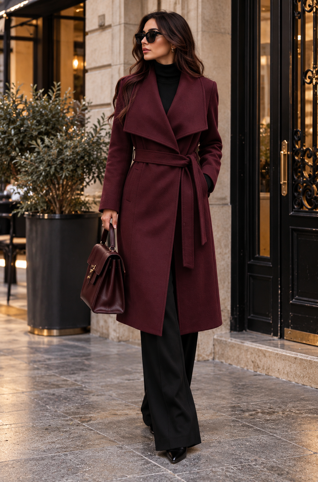 Ženski elegantni modni kaput za jesen/zimu, nov, za posao, s velikim reverima, vezivanjem u struku i pojasom, bordo, za večernje zabave, okupljanja, godišnji sastanak tvrtke, Novu godinu, Božić i blagdane