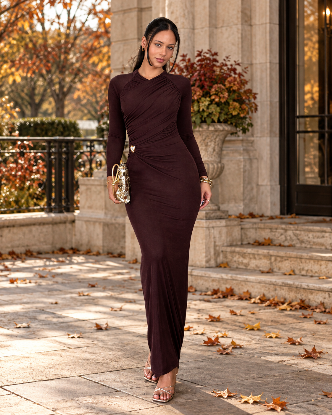 Ženska jednobojna uska haljina s raglan rukavima, plisirana metalna dekoracija, haljina za goste za žene, elegantne haljine za žene, novogodišnja haljina, elegantne haljine za zabave