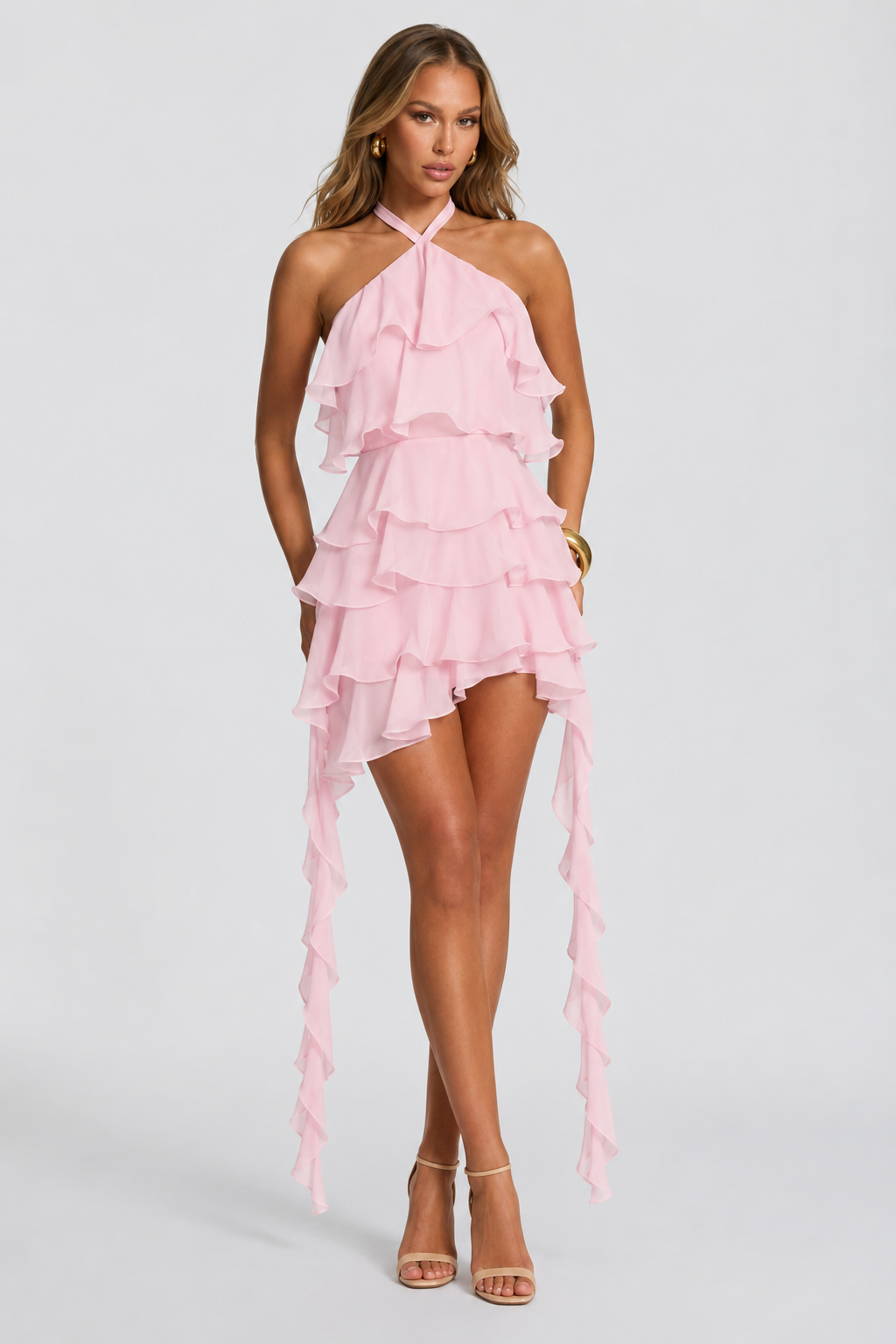 Ljetna Oversized Elegantna Lepršava Chiffon Haljina s Naglašenim Volanima i Trakom za Žene