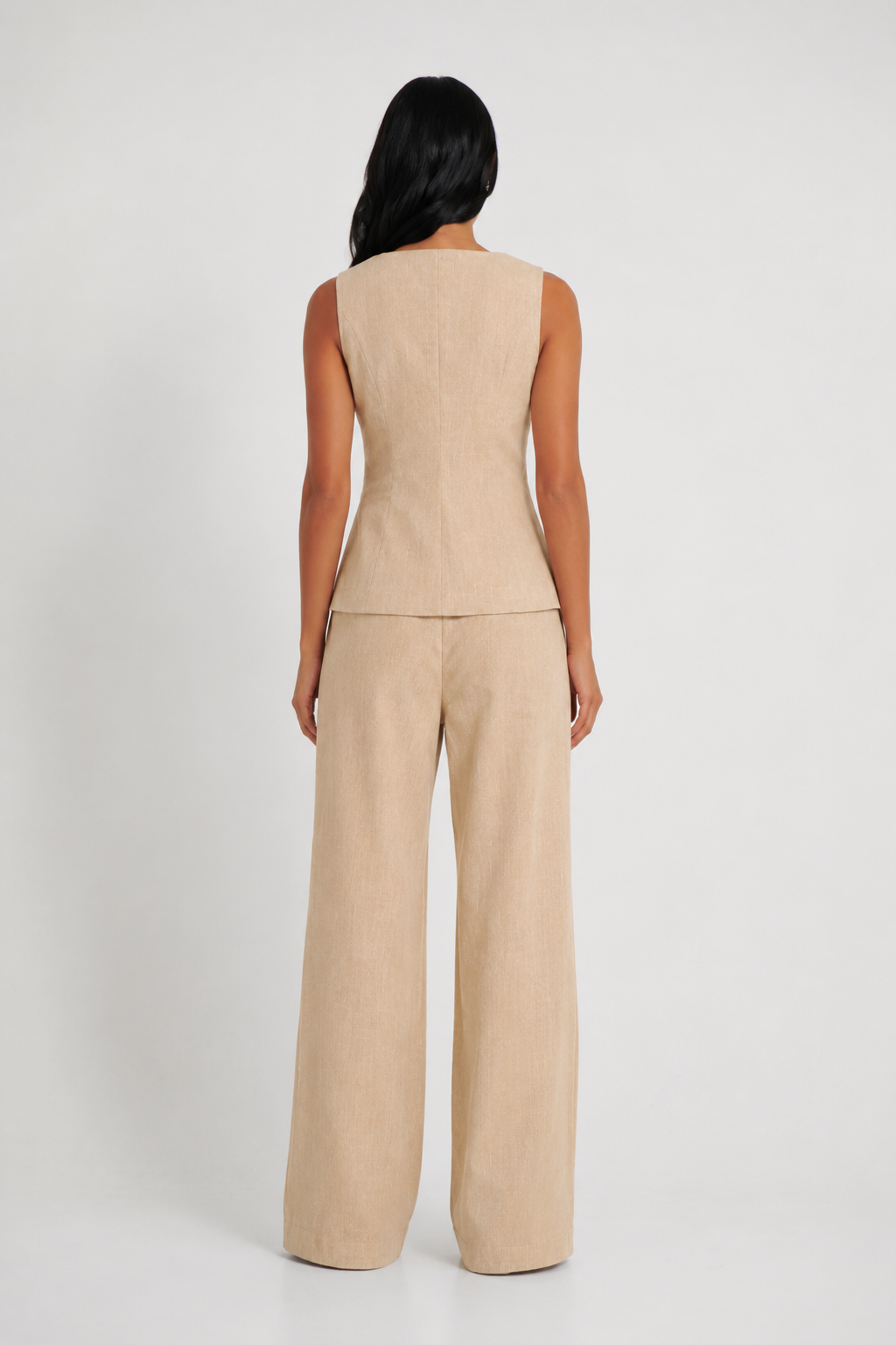 Ženski Elegantni Bež Laneni Pantalon i Prsluk Set, Ljetna Radna Oprema za Kancelariju 2 Komada