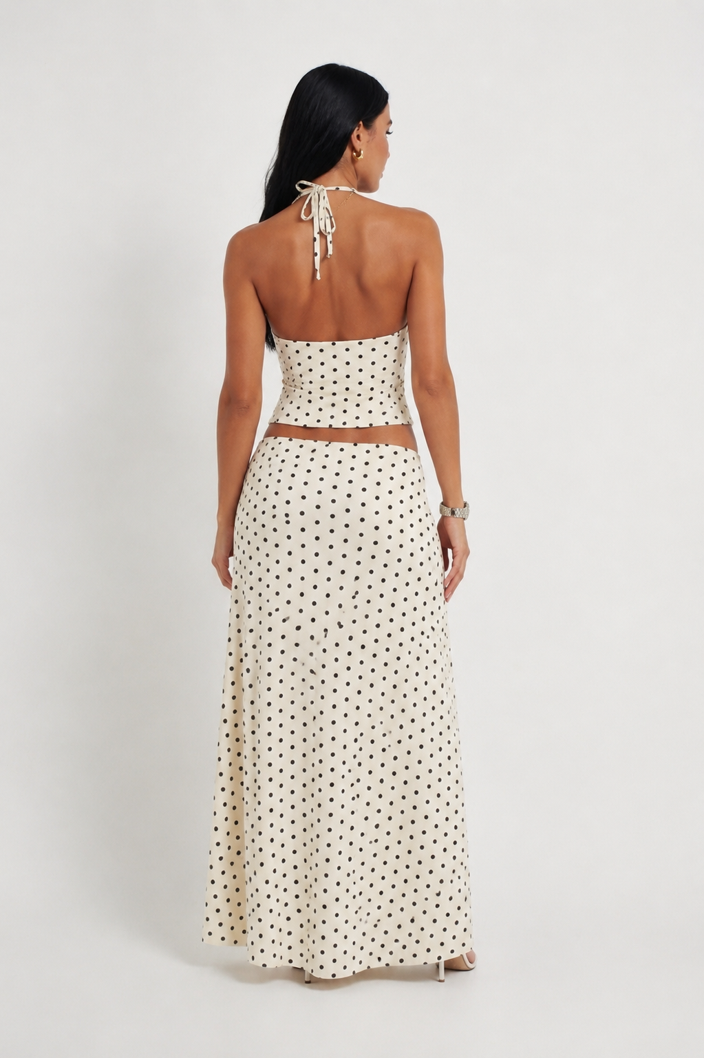Elegantna Bijela Polka Tačka Top i Duga Suknja Set, Moderna Ljetna Casual 2-Piece