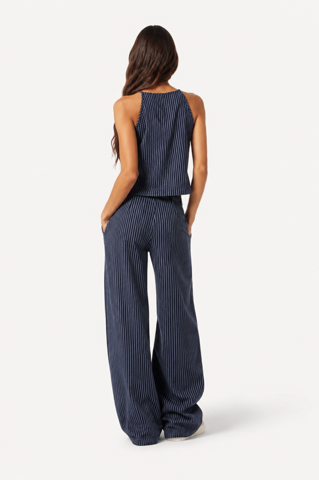 Visoka Ženska Prugasta Majica na Halter i Udobne Pantalone sa Ravnim Nogu 2 Dijela Set