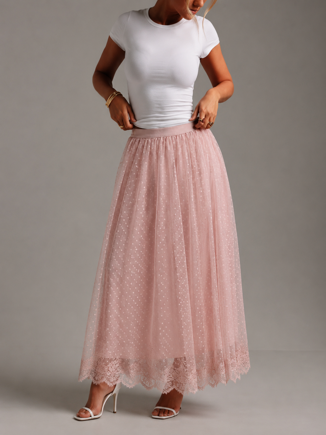 Ružičasta Suknja, Dusty Rose Swiss Dot Tulle Midi Čipkani Rub Visokog Struka A-Line
