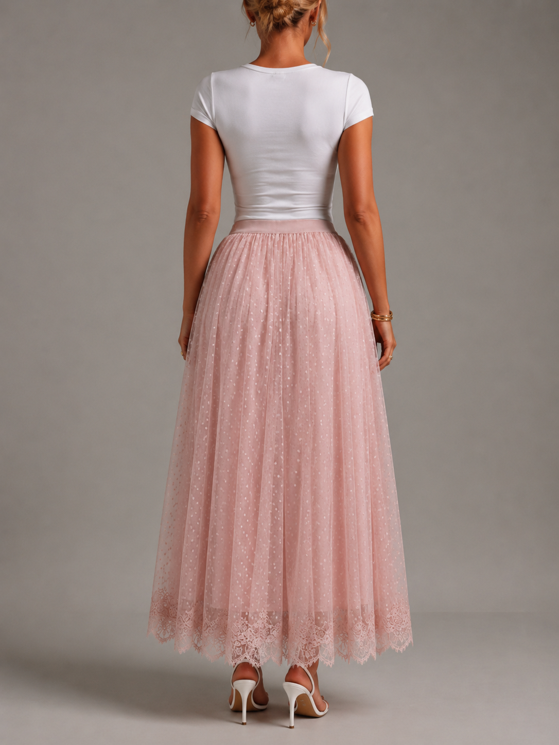 Ružičasta Suknja, Dusty Rose Swiss Dot Tulle Midi Čipkani Rub Visokog Struka A-Line