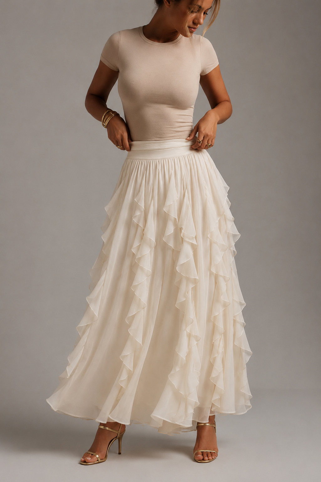 Suknja za Žene Visokog Kvaliteta, Elegantna Flowy Suknja sa Ruffles, Elastičan Struk, Asimetrični Rub