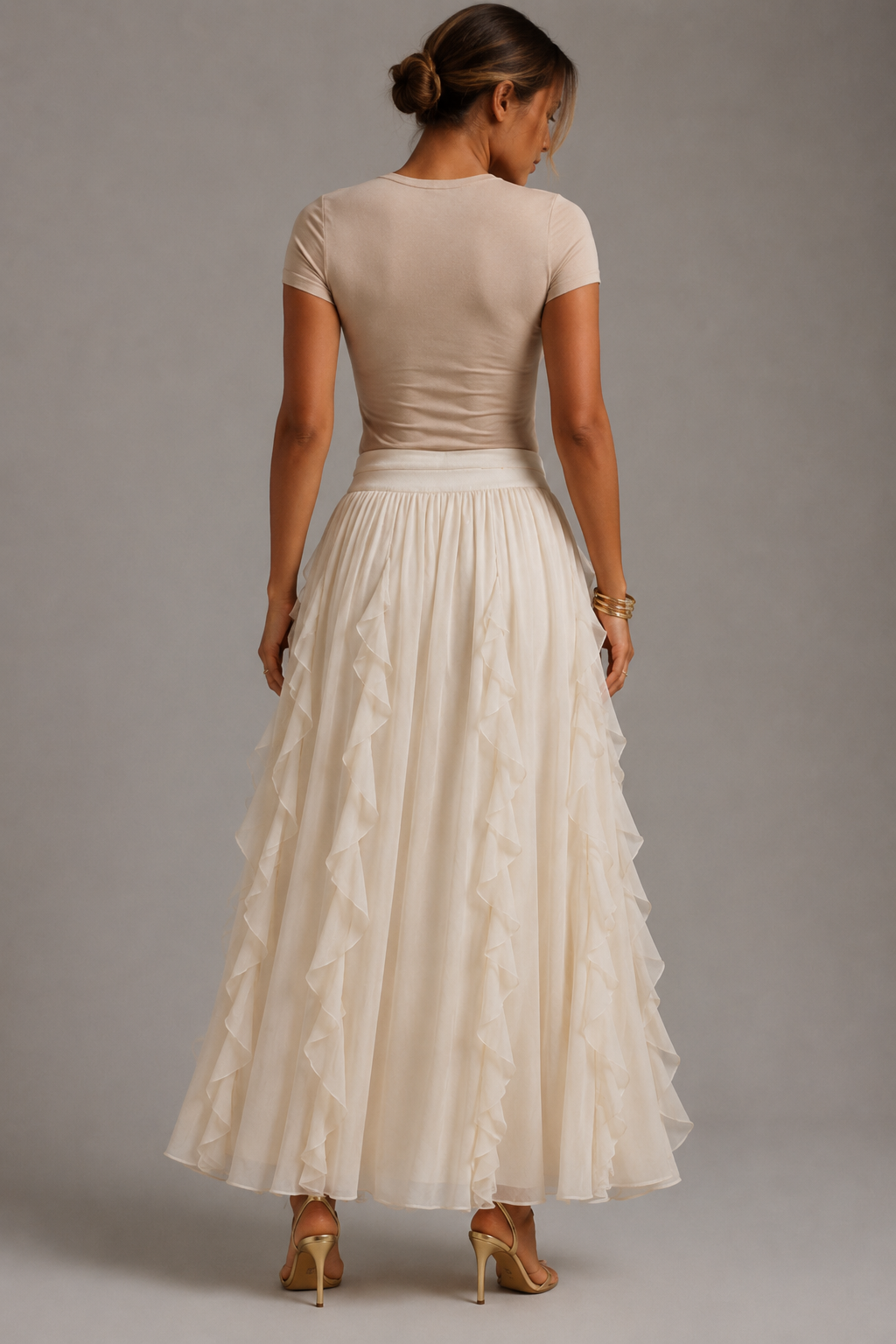 Suknja za Žene Visokog Kvaliteta, Elegantna Flowy Suknja sa Ruffles, Elastičan Struk, Asimetrični Rub