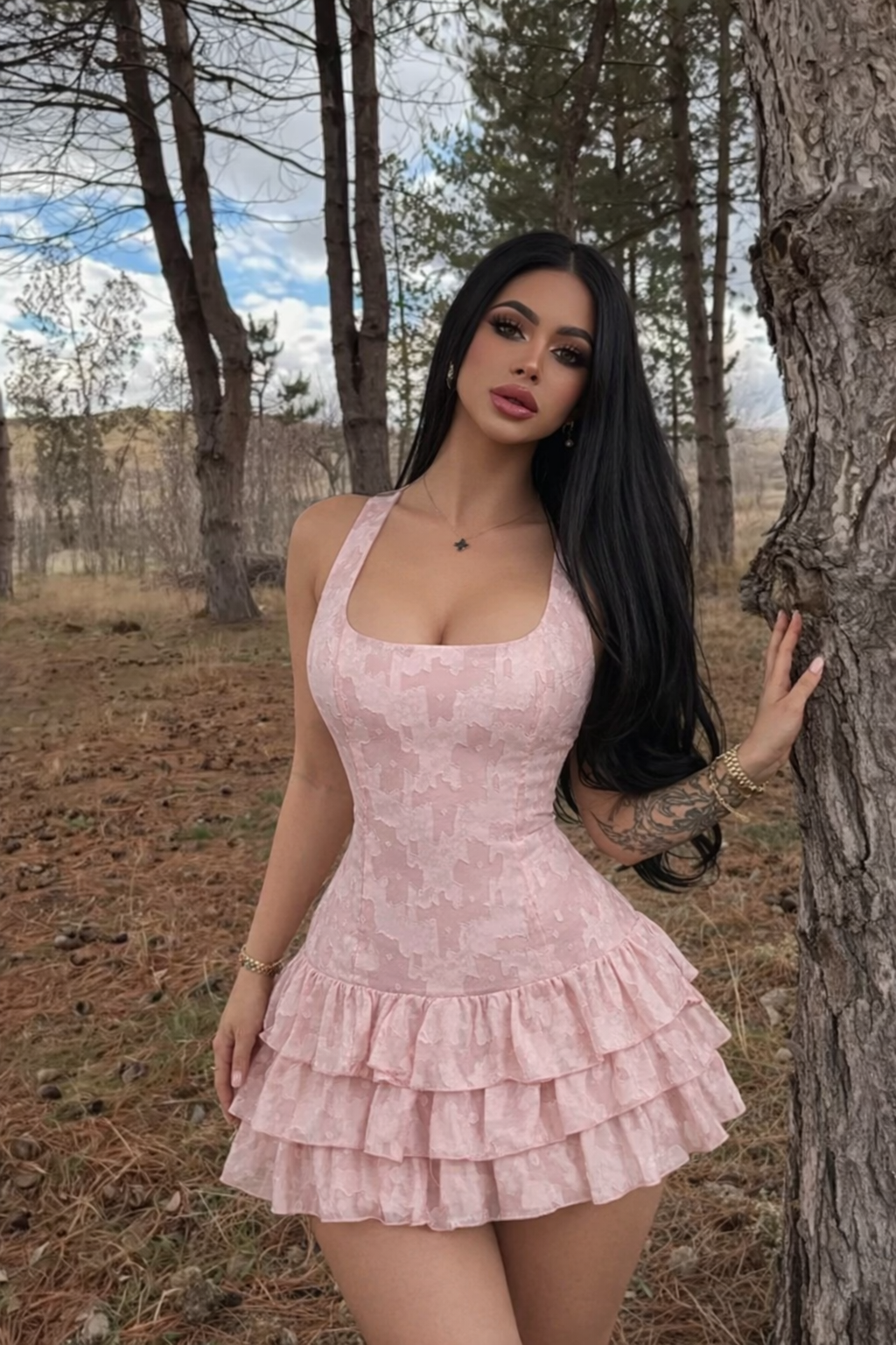 MOD Ženska Romantična Ružičasta Haljina sa Isečenim Deo i Teksturišanim Višeslojnim Volanima