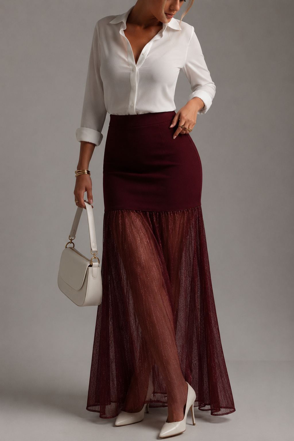 Dac - Ženska Elegantan Burgundi Maxi Haljina, Strukturalni Struk s Sjajnim Mrežastim Ruffles Dnom