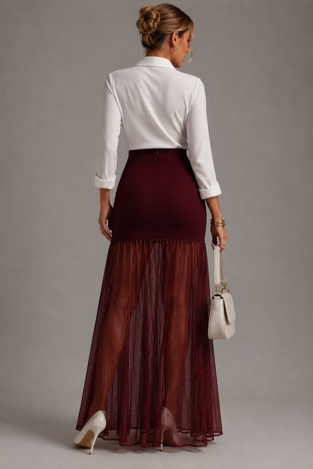 Dac - Ženska Elegantan Burgundi Maxi Haljina, Strukturalni Struk s Sjajnim Mrežastim Ruffles Dnom