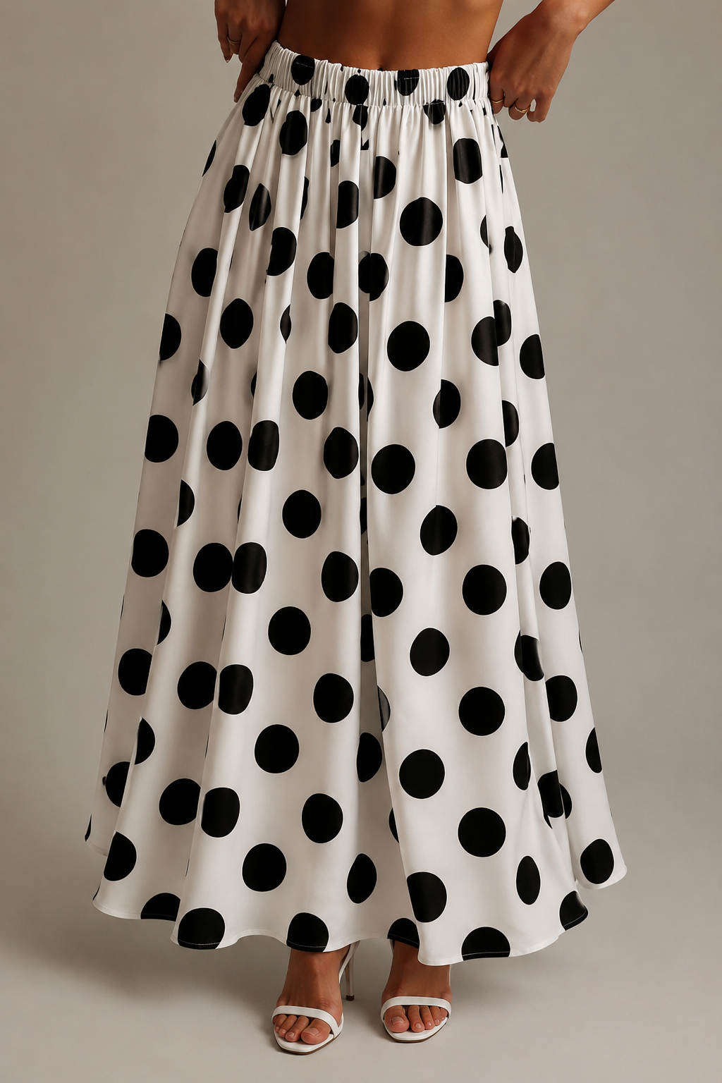 Ženska bijela i crna suknja s točkicama, vintage elegantna midi suknja
