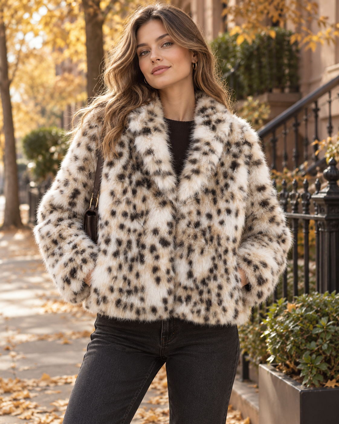 Ženska seksi jakna od umjetnog krzna s dugom dlakom i leopard uzorkom za jesen/zimu, elegantna luksuzna gradijentna točkasta jakna od umjetnog krzna, street style jakna od umjetnog krzna s mliječnom badam-leopard uzorkom