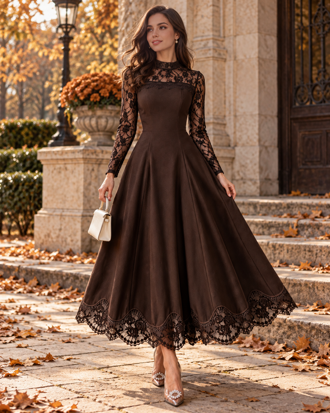Ženska tamnosmeđa pletena haljina s dugim rukavima, čipkastim rubom, cheongsam ovratnikom, steznutim strukom i A-krojom, elegantna vintage romantična haljina za vjenčanje, večeru i formalne jesenske prilike