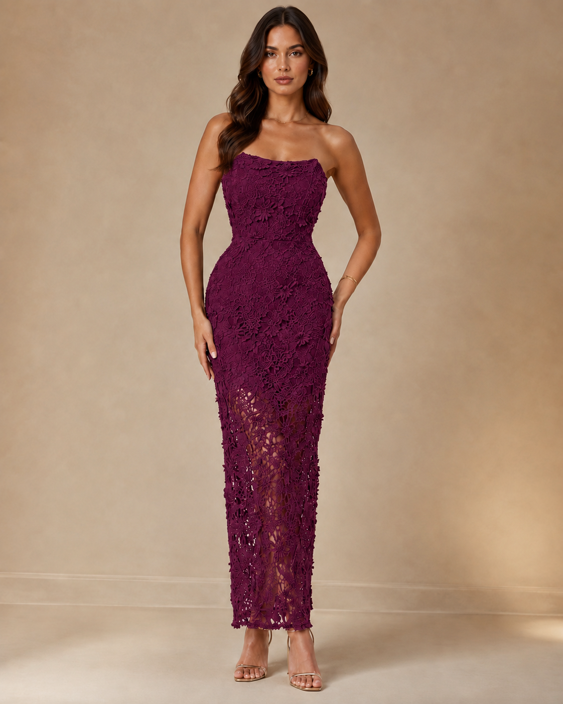 Ženska elegantna uska haljina s cvjetnim čipkastim bandeau gornjim dijelom