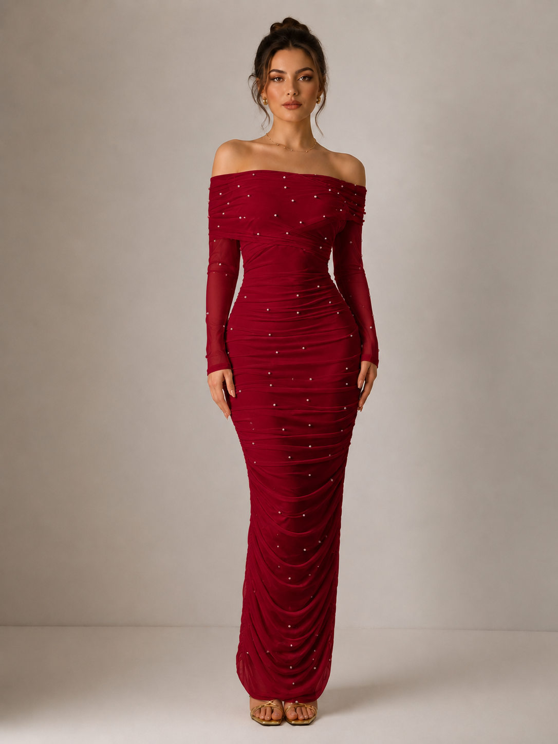 Ženska elegantna bijela maxi haljina s otvorenim ramenima, bisernim dekorom i naborima, uskog kroja, graciozna i romantična za zabavu, Valentinovo, ljetne haljine za žene, haljina za čajanku, bijela haljina za maturu, maturska odjeća, učiteljske