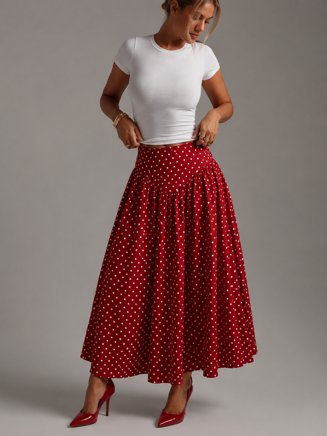 Clasi Plus Size Suknja sa Nabranim Strukom u Polka Tačkama