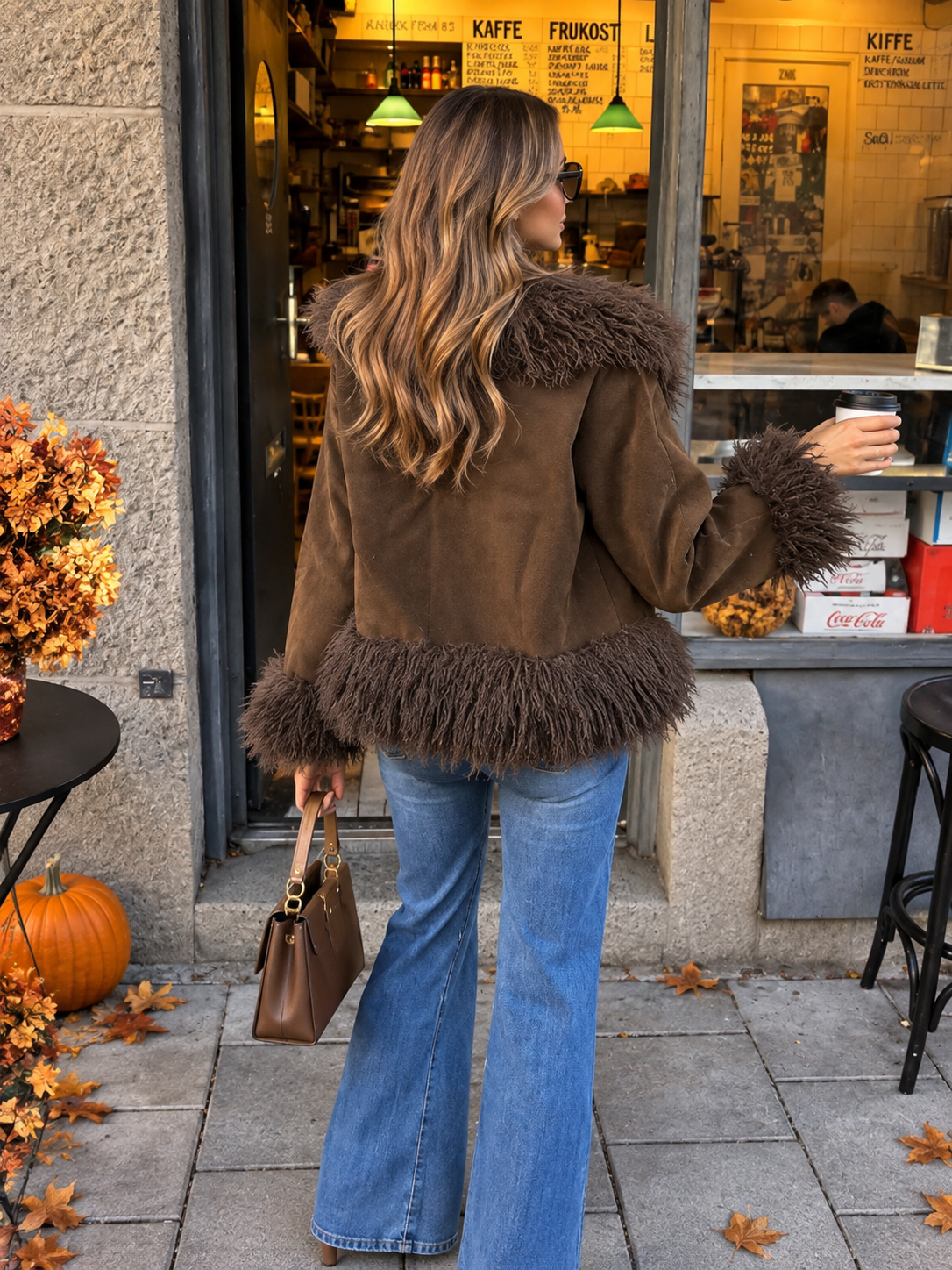 Ženska kratka jakna za jesen/zimu boje kave, novi vintage stil, s ukrasom od umjetnog krzna i teksture brušene kože, retro kragnom i pufnastim ovratnikom od umjetnog krzna, za svakodnevno putovanje na posao
