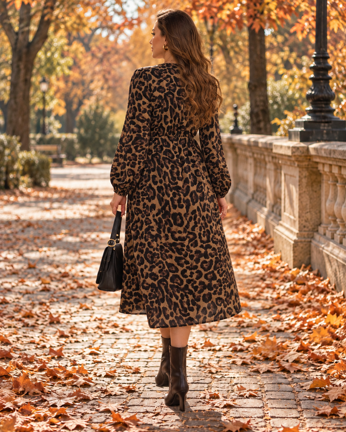 Ženska midi haljina plus size s leopard uzorkom, dugim rukavima i V-izrezom – elegantna, ležerna, široka i udobna za jesen/zimu, za posao i jesenske kombinacije