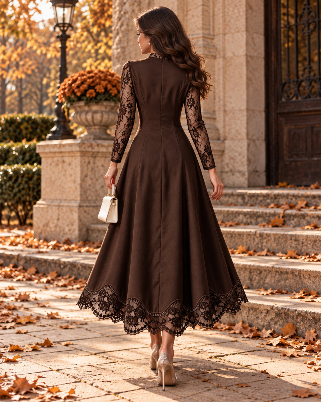 Ženska tamnosmeđa pletena haljina s dugim rukavima, čipkastim rubom, cheongsam ovratnikom, steznutim strukom i A-krojom, elegantna vintage romantična haljina za vjenčanje, večeru i formalne jesenske prilike