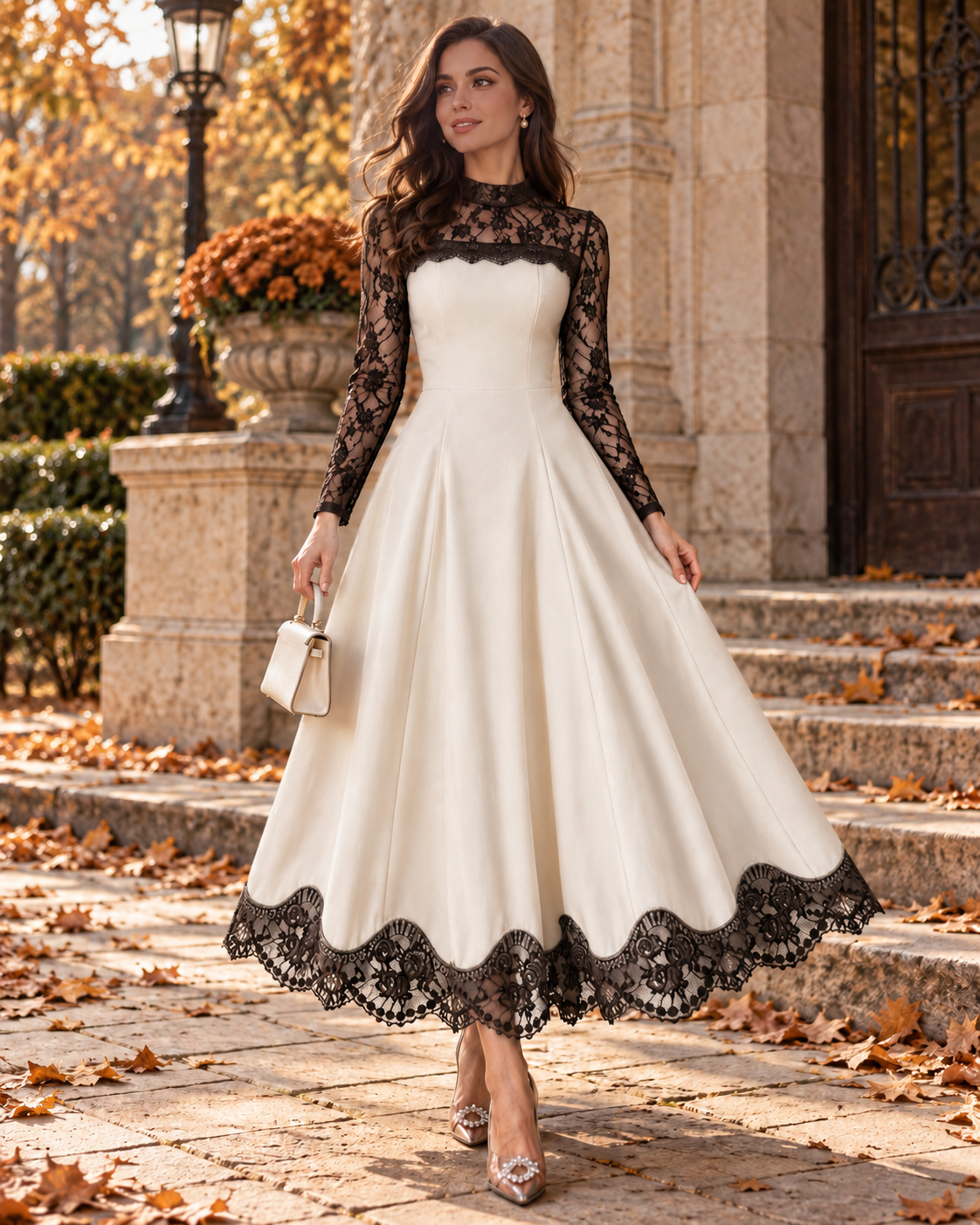 Ženska tamnosmeđa pletena haljina s dugim rukavima, čipkastim rubom, cheongsam ovratnikom, steznutim strukom i A-krojom, elegantna vintage romantična haljina za vjenčanje, večeru i formalne jesenske prilike
