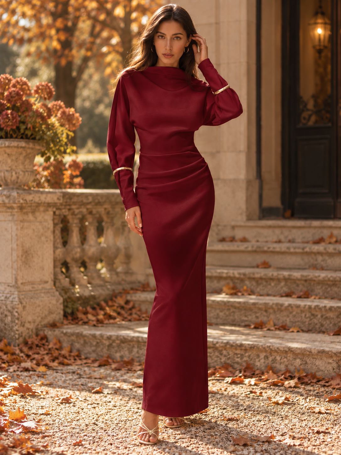 Nova jednobojna svestrana elegantna intelektualna minimalistička uredska haljina s naborima i ukrasima, široki gornji dio, uski struk, uska maksi haljina dugih rukava, elegantne haljine za žene