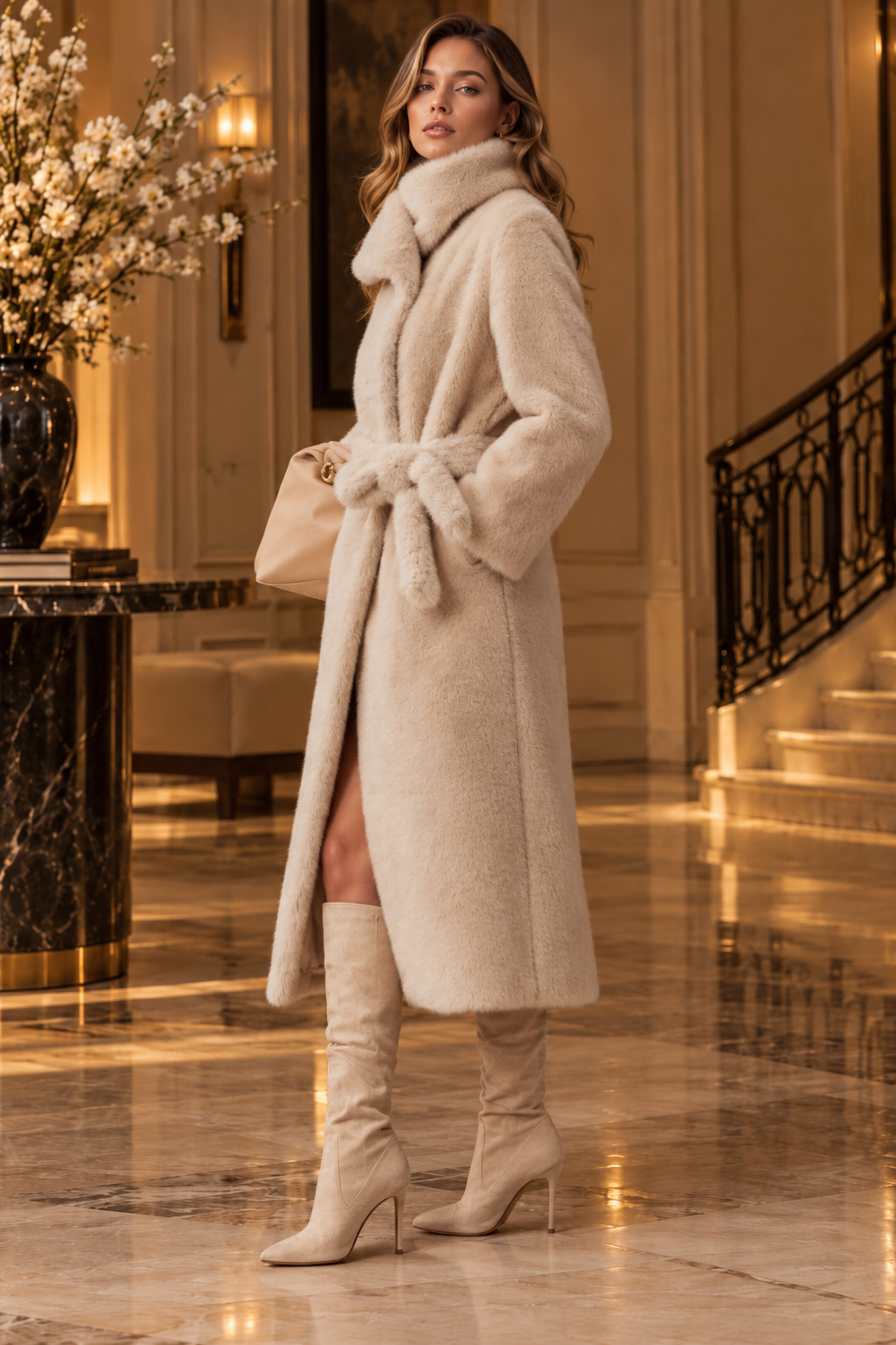 Luksuzni zimski kaput od umjetnog krzna Milan Mink, oversized, srednje duljine, s velikim reverom, dugim rukavima i remenom