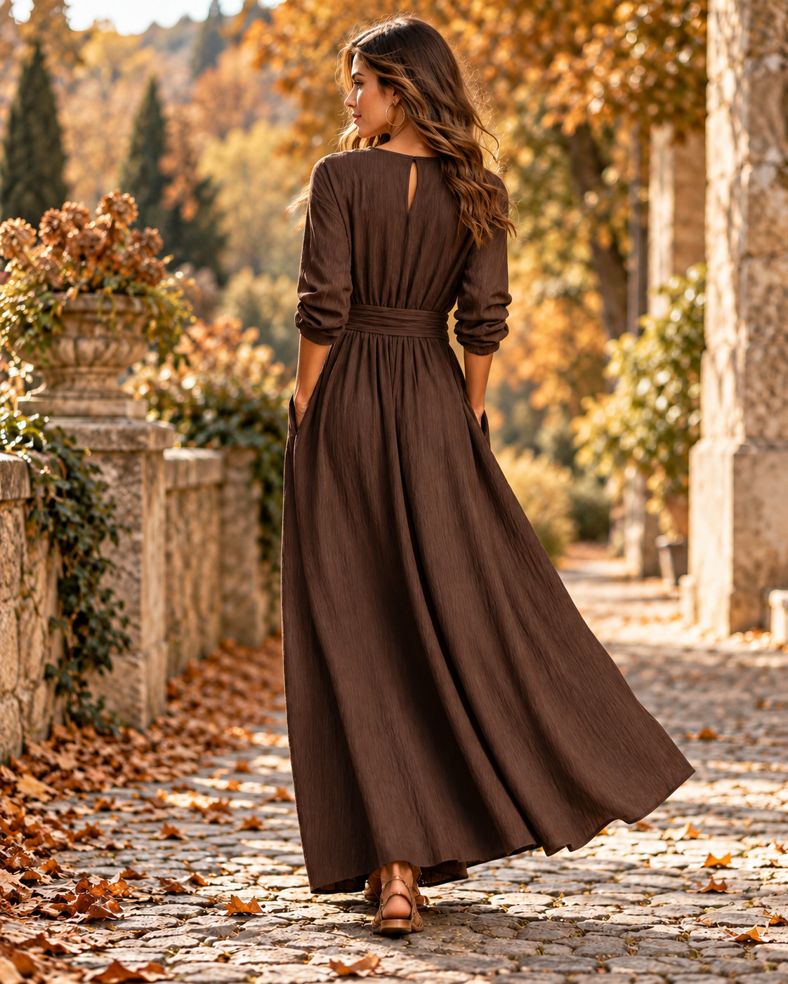 Ženska haljina za odmor, proljetna/jesenska ženska haljina, jednobojna s okruglim izrezom, remenom, spuštenim ramenima i dugim rukavima, duga, uskog kroja, laskava i elegantna, prikladna za odmor/posao, elegantna ženska haljina, ženski jesenski o