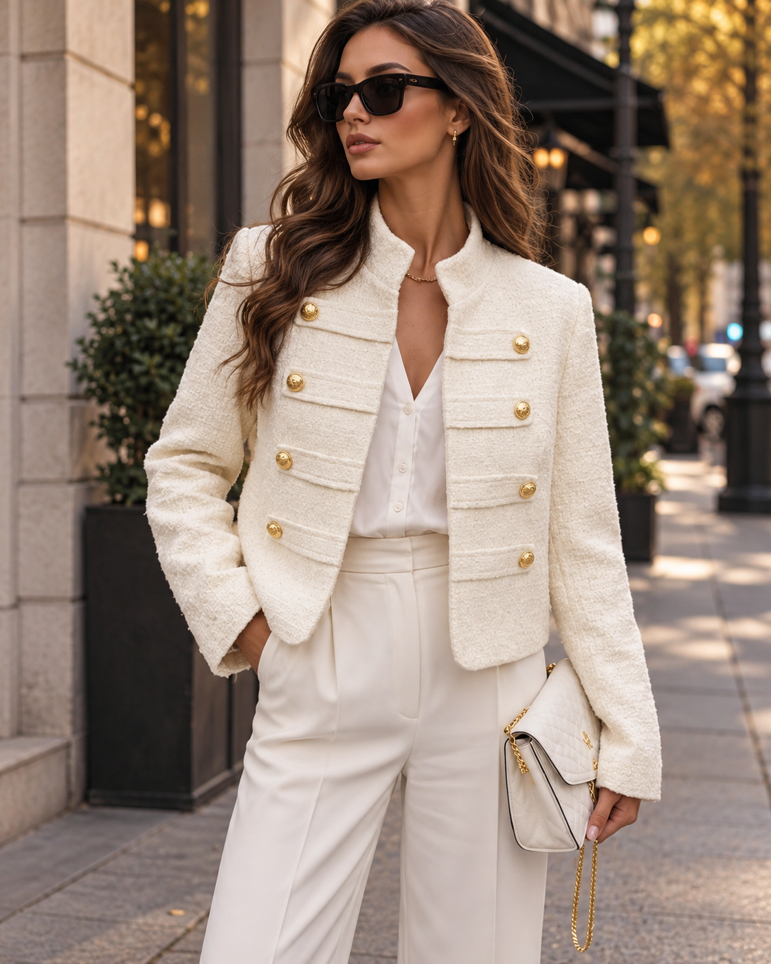 Ženska vintage preppy elegantna kraća jakna za jesen/zimu s podignutim ovratnikom, dvostrukim narezom i bijelim gumbima, premium, za putovanje na posao, ured i izlaske