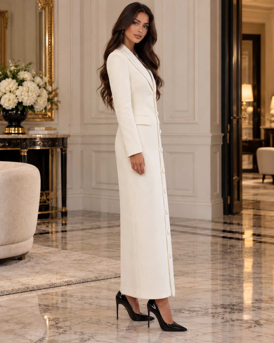 Elegantan šik ležerni dugi kaput regular kroja s steznim strukom, ženski zimski kaput, novogodišnji outfit