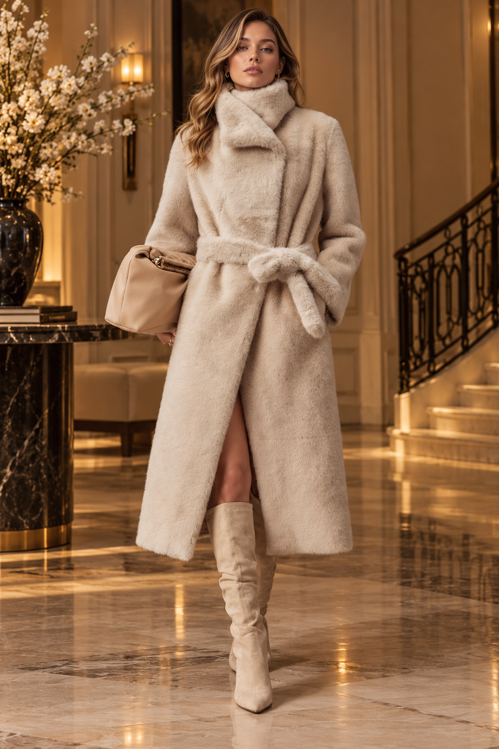 Luksuzni zimski kaput od umjetnog krzna Milan Mink, oversized, srednje duljine, s velikim reverom, dugim rukavima i remenom