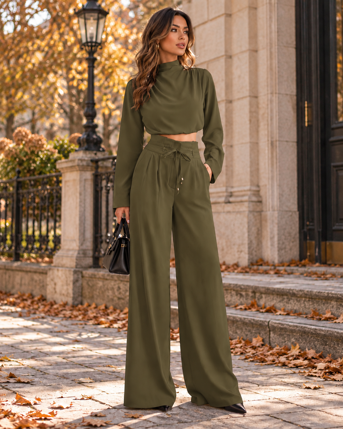 Ženski zeleni elegantni set od dva dijela s ovratnikom i širokim hlačama, lagani i udobni set hlača, asimetrični set od dva dijela bez rukava, set od dva dijela za Dan učitelja, set od dva dijela s dugim rukavima za putovanje na posao, ženski set