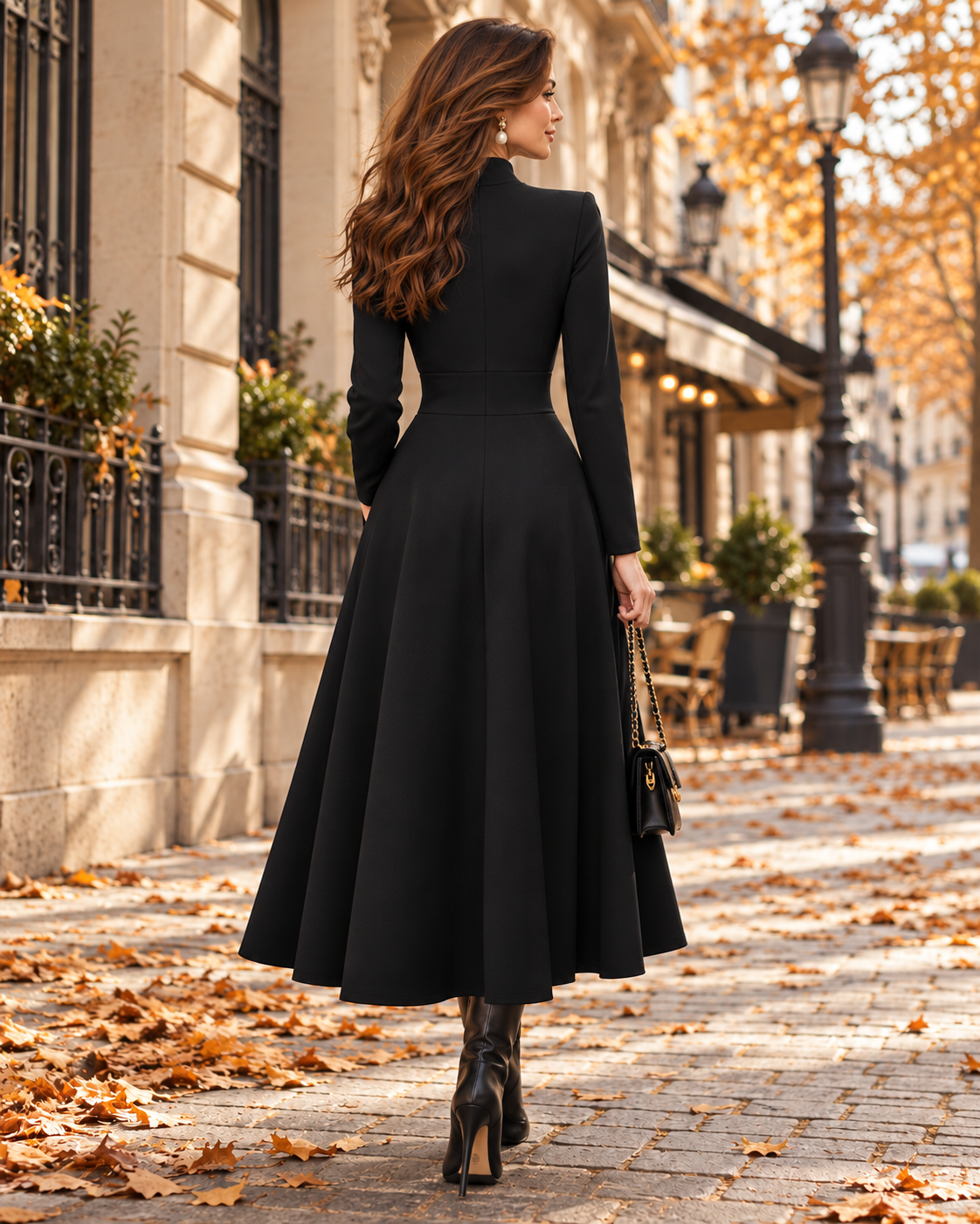 Ženska crna elegantna modna haljina za jesen/zimu, svestrana, uskog kroja, s visokim ovratnikom, dugim rukavima, remenom i srednje duljine, za posao