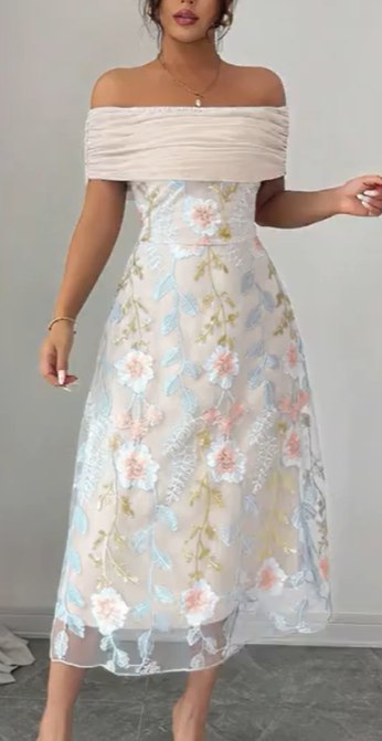 Ženska Haljina s Mrežastim Umetkom od Poliestera Bez Ramena