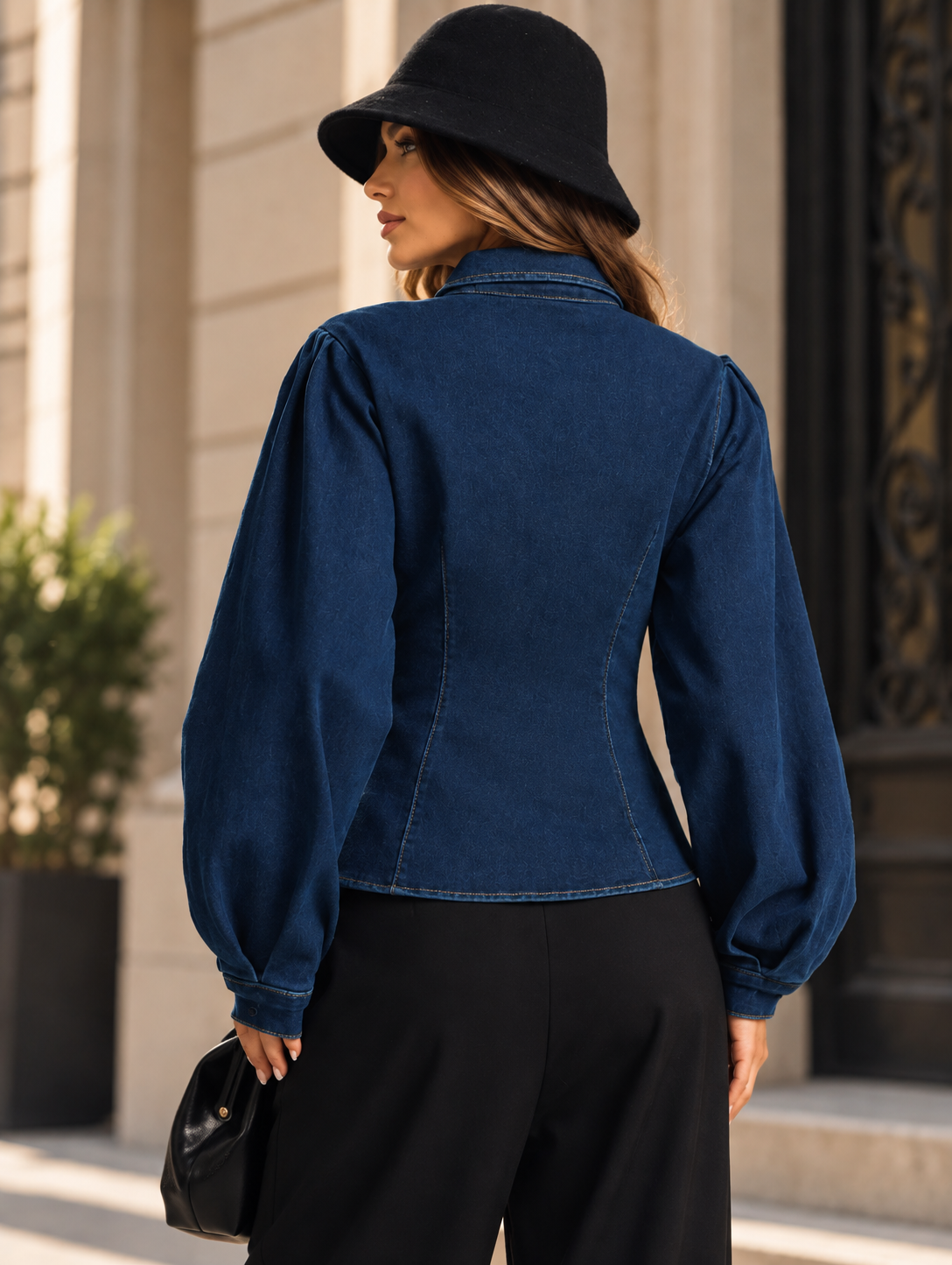 Denim Ženska plava traper jakna s košuljnim ovratnikom, lantern rukavima, dugim rukavima i steznim strukom, jesen/zima outfit