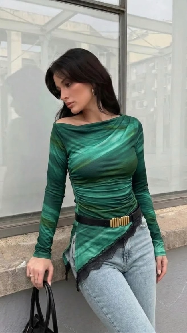 EMERY ROSE Asimetrična Ružna Duga Rukava Majica u Marbling Ombre Printu za Proljeće