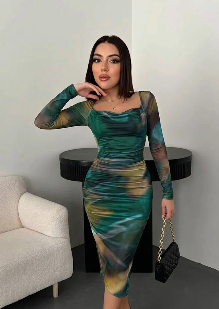 Haljina Maxi sa Tie-Dye Drapiranim Ovratom i Nabranim Detaljima za Žene