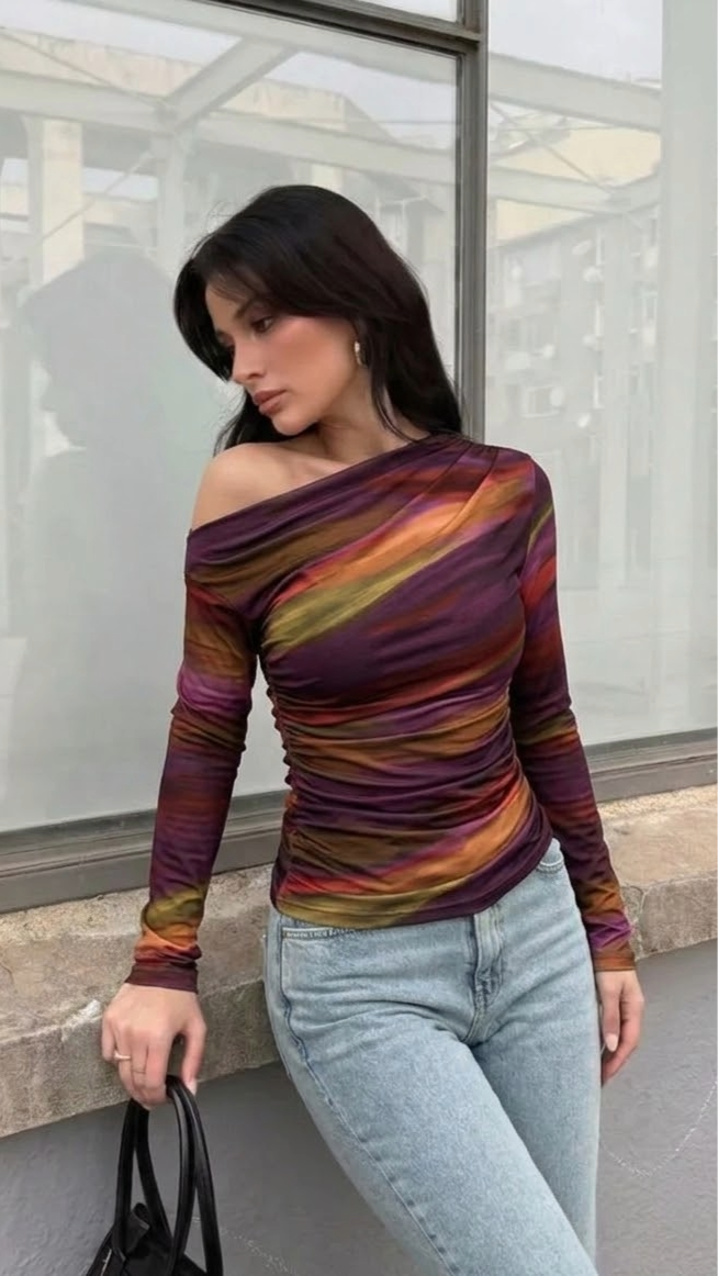 EMERY ROSE Asimetrična Ružna Duga Rukava Majica u Marbling Ombre Printu za Proljeće