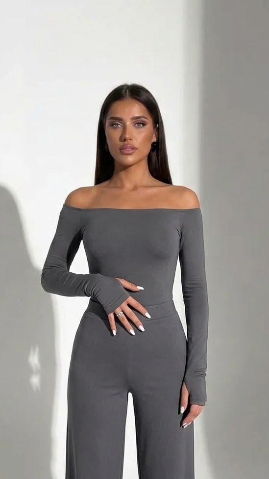 ChicMe Ženski Off-Shoulder Fitted Kombinezon, Dug Rukav T-Shirt Sa Rupama Za Prste, Jednobojni Uređeni Osnovni Ulični Stil Za Kancelariju, Zabavu