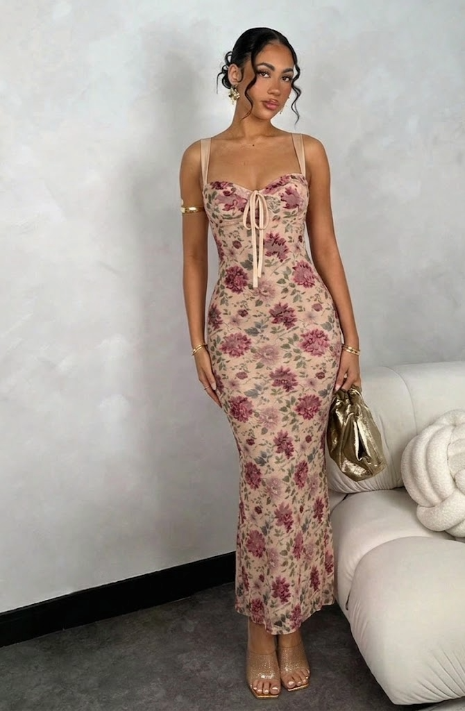 BAE Aprikotska Osnova Crvena Čipkana Top Haljina sa Razdvojenim Repom